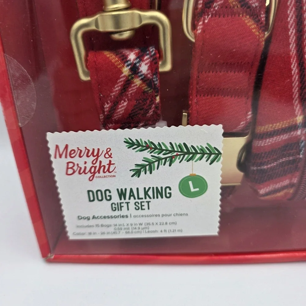 New Merry‎ & Bright Dog Walking Gift Set Large Leash Collar Potty Bags Red Plaid